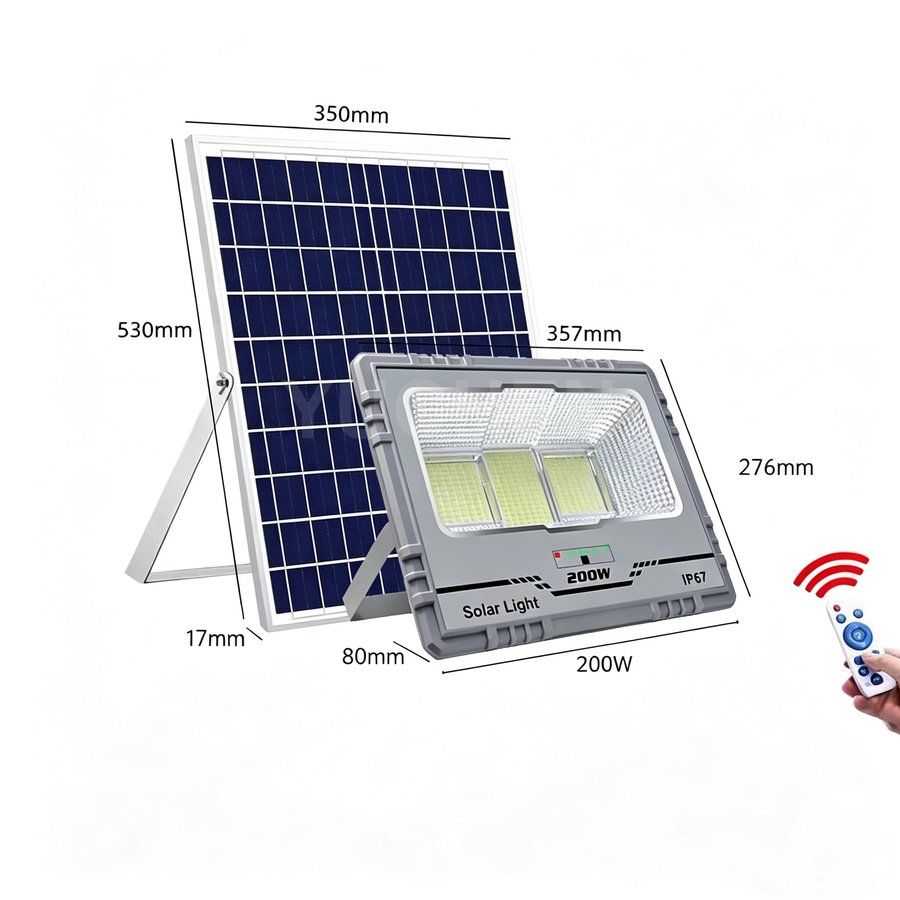 200W die-cast aluminum solar flood light with solar panel, dimension drawing