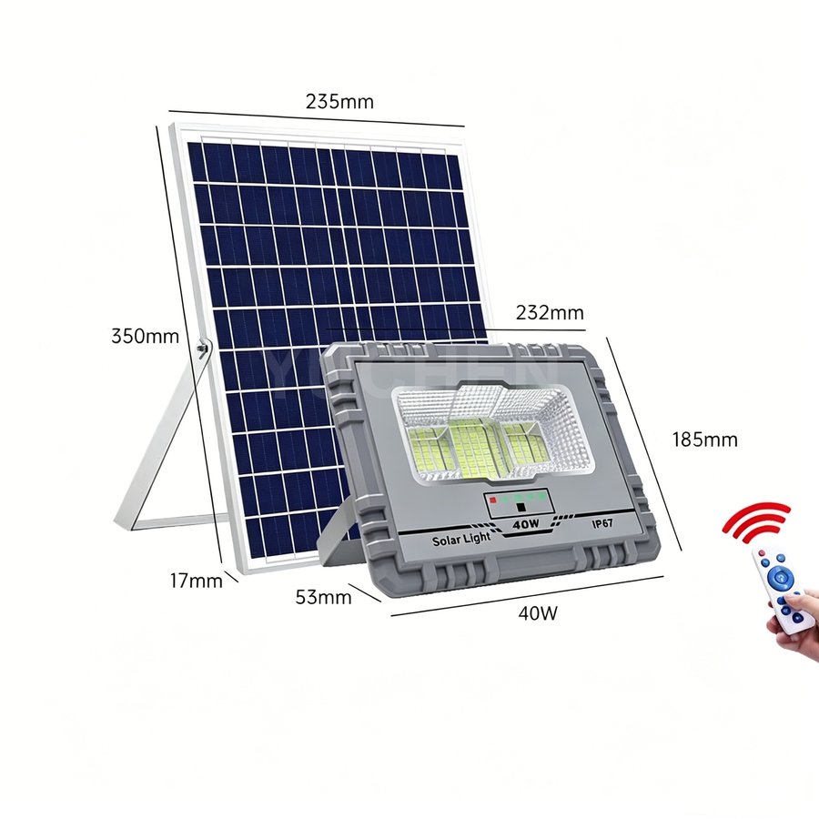 40W die-cast aluminum solar flood light with solar panel, dimension drawing
