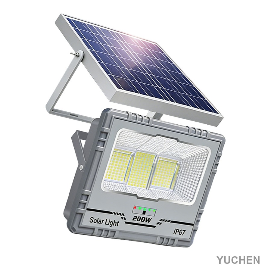 Die-cast aluminum solar flood light with separate solar panel on white background