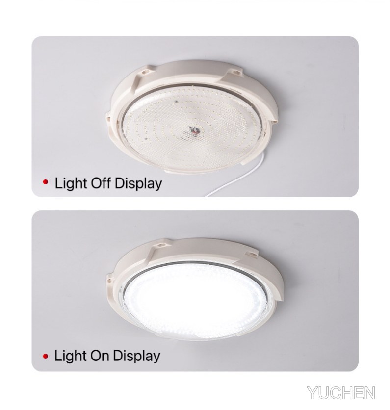 Solar ceiling light shown with light off and light on