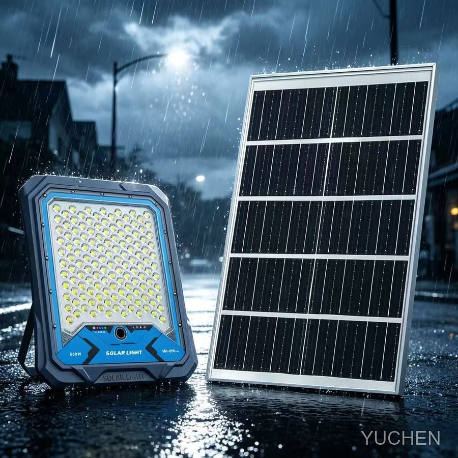 Solar monitoring floodlight and solar panel in rainy night