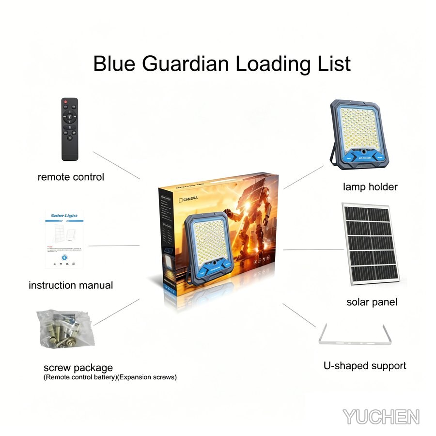 Packing list: lamp, solar panel, remote, bracket, screws